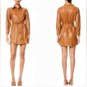 Alice + Olivia Miranda Vegan Leather Tie Waist Brown Mini Dress Size 6
